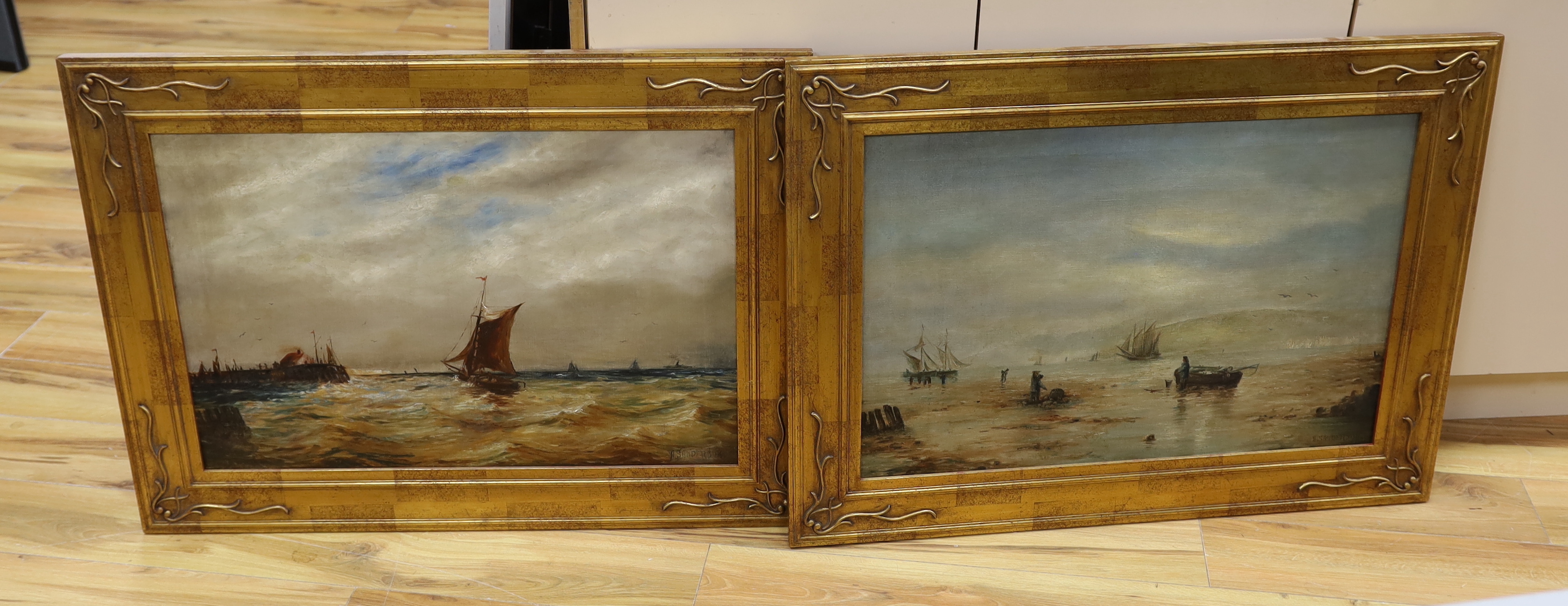 A. Sanderson, pair of oils on canvas, Moored fishing boats and Boats at sea, signed, 75 x 50cm